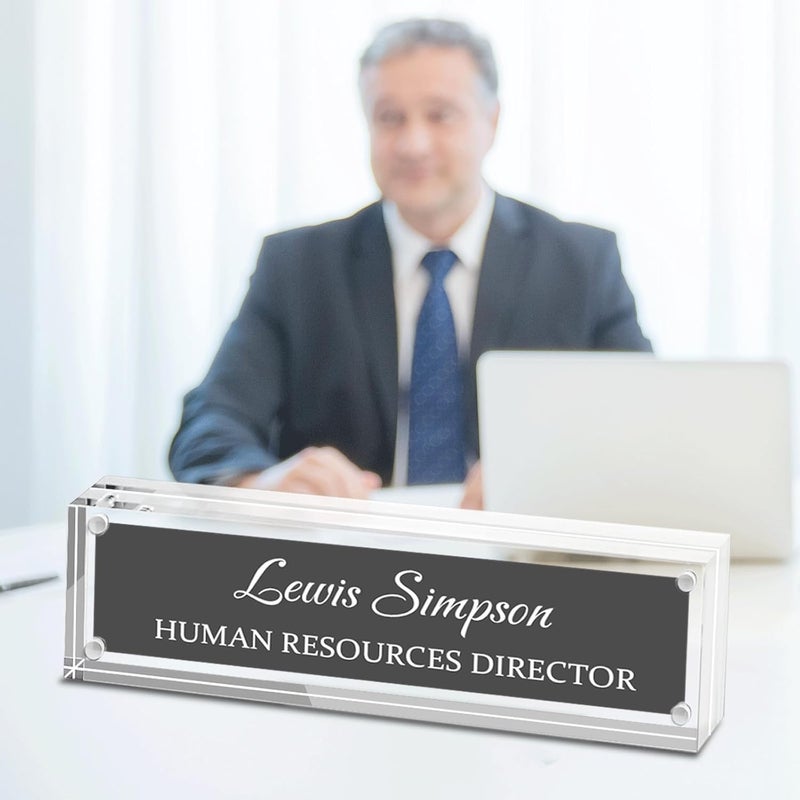HETOOSHI Name Plate for Desk, Desk Double sided pattern Name Plate Personalized Office Desk Decor for Women and Men, Employee Appreciation Gifts Office Gifts for Boss, Manager, Teacher (transparent) - Image 1